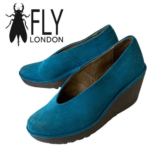 Fly London, Yaz Slip-On Suede Wedge Shoes, Teal